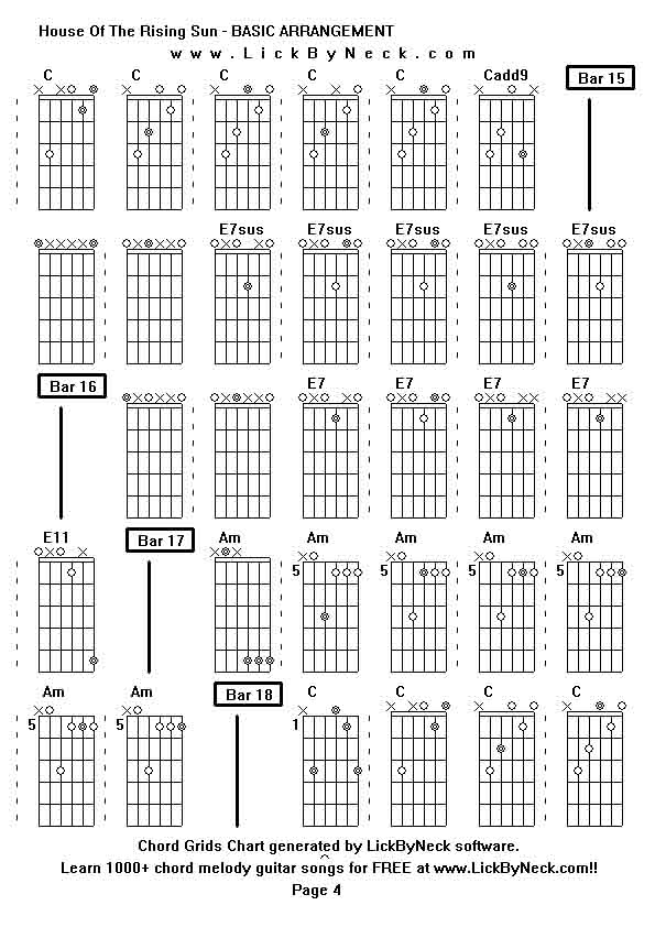 Chord Grids Chart of chord melody fingerstyle guitar song-House Of The Rising Sun - BASIC ARRANGEMENT,generated by LickByNeck software.